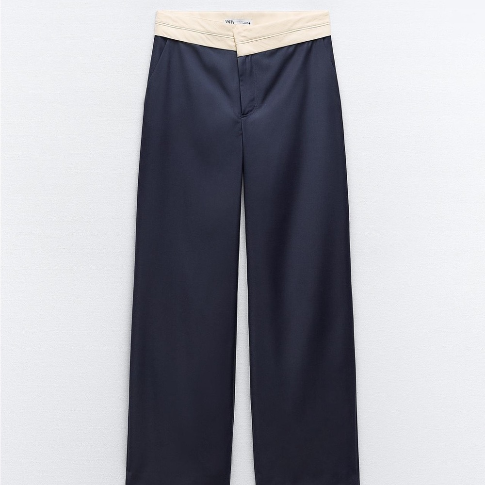 Zara Navy Wide-Leg Pants with Cream Waistband